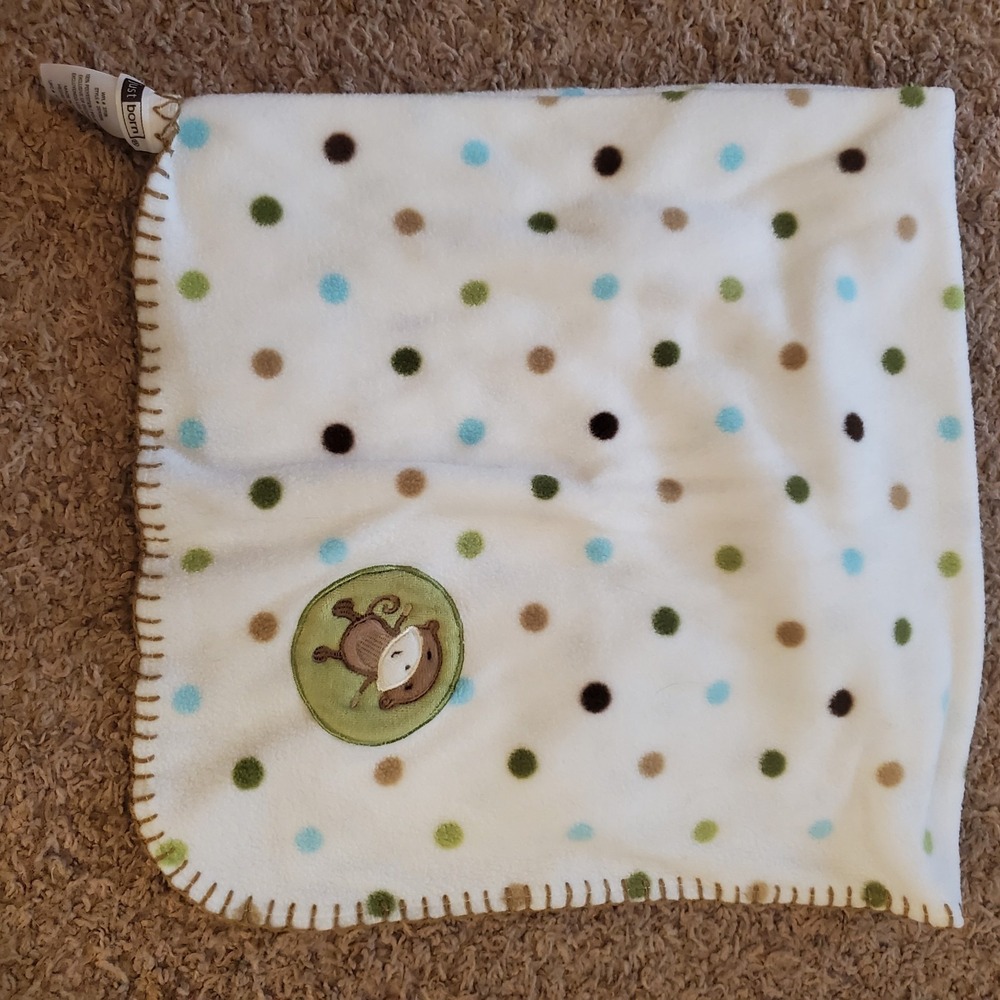 Just Born Monkey Polka Dot Baby Blanket Fleece Brown White Green Polka Dot